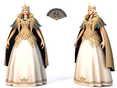 Game Movie Female Character With Golden Crown Winged Cape White Gown And Decorative Fan 3d model