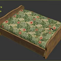 Wooden Pet Bed With Green Tropical Leaf And Red Flower Pattern Cushion