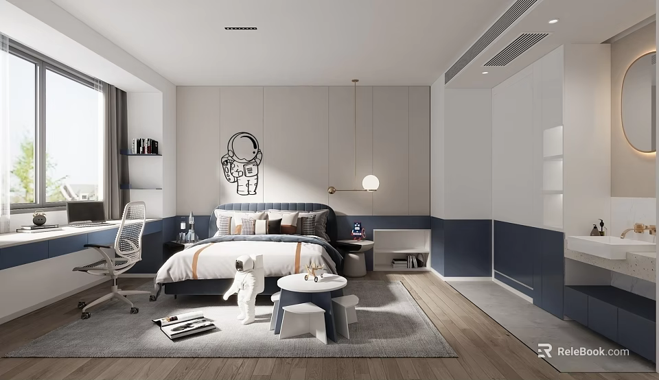 Modern Kids Room Interior With Bed Desk Chair Wall Art Pendant Light Rug And Storage Cabinets 3d model 