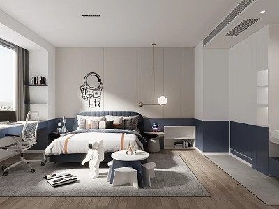 Modern Kids Room Interior With Bed Desk Chair Wall Art Pendant Light Rug And Storage Cabinets 3d model