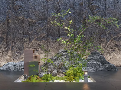 Textured Stone Feature Wall In Interior Space With Greenery Rocks And Decorations 3d model