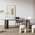Modern Desk with Plant Framed Painting Laptop Chair and White Stools on Wooden Floor