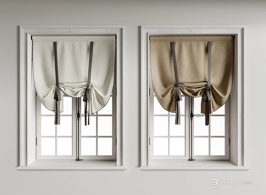 Beige And Light Brown Tied Curtains For Double Windows With White Frames 3d model 