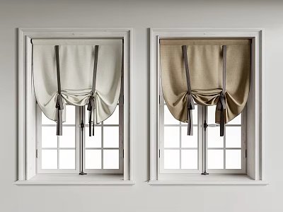 Beige And Light Brown Tied Curtains For Double Windows With White Frames 3d model