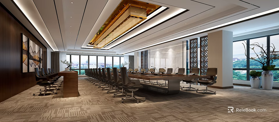 Modern Spacious Conference Room Interior With Long Table Chairs Large Windows And Ceiling Lighting 3d model 
