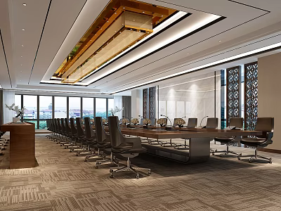 Modern Spacious Conference Room Interior With Long Table Chairs Large Windows And Ceiling Lighting 3d model