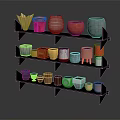 Decorative Flower Pots On Multi tiered Shelf With Various Colors And Shapes