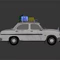 Vintage White Car Featuring Roof Rack With Colorful Luggage Bags