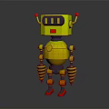 Yellow Mechanical Robot Character With Red Antennae Spring Arms And Red Feet