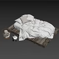 Wooden Pallet Bed with White Bed Sheets and White Candles on White Floor