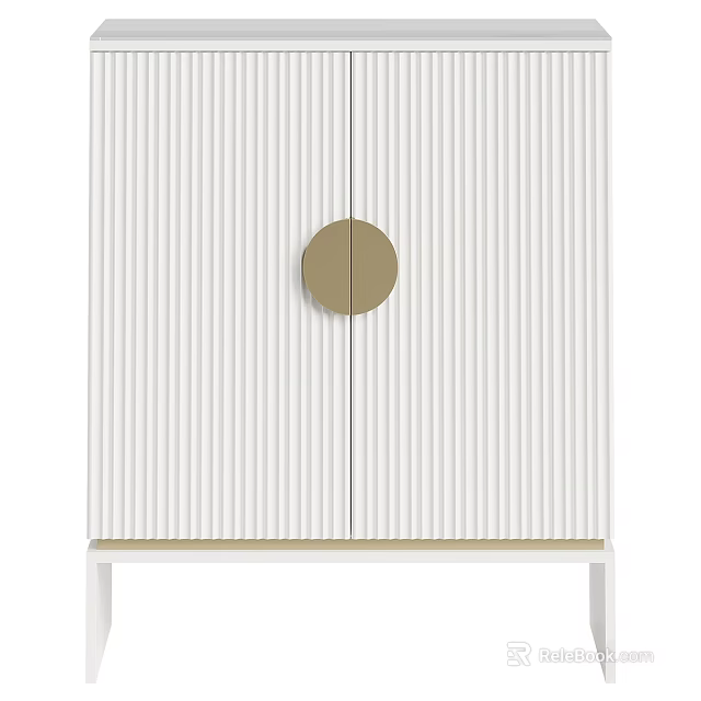White Vertical Striped Cabinet With Round Gold Handle And White Base Stand 3d model 