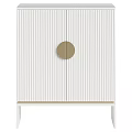 White Vertical Striped Cabinet With Round Gold Handle And White Base Stand