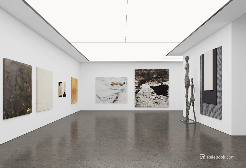 Art Gallery Photo Wall With Multiple Paintings And Metal Sculpture On White Walls 3d model 