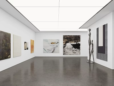 Art Gallery Photo Wall With Multiple Paintings And Metal Sculpture On White Walls 3d model