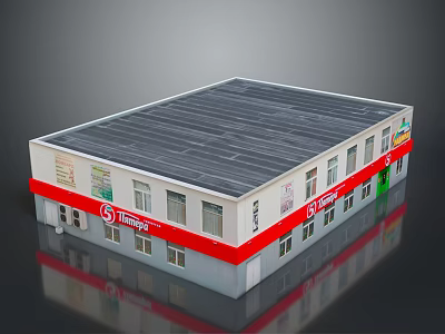 Modern TESCO Retail Building With Solar Panel Roof Red Accent Strip And Storefront Windows 3d model