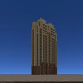 Tall Residential Building with Yellow Red Exterior Windows Decorative Top Against Blue Sky Background