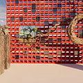 Garden Ornament with Red Lattice Wall Curved Tree Trunk Stone Pillars and Green Plants