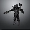 Detailed Futuristic Mechanical Armor Character Holding Weapon With Back Equipment Gear