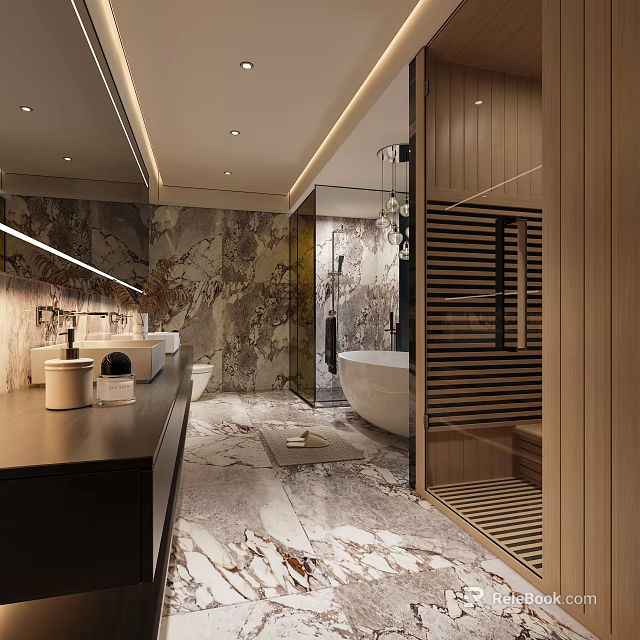 Luxury Modern Bathroom Interior Design With Marble Walls Free Standing Bathtub And Wooden Elements 3d model 