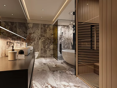 Luxury Modern Bathroom Interior Design With Marble Walls Free Standing Bathtub And Wooden Elements 3d model
