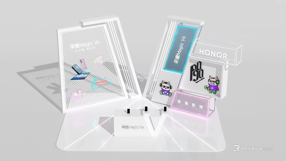 HONOR Photo Check In Spot With Transparent Display Stands And Cartoon Characters 3d model 