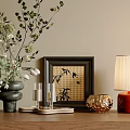 Decorative Ornament Set With Vase Green Plants Framed Art Glassware And Table Lamp On Shelf