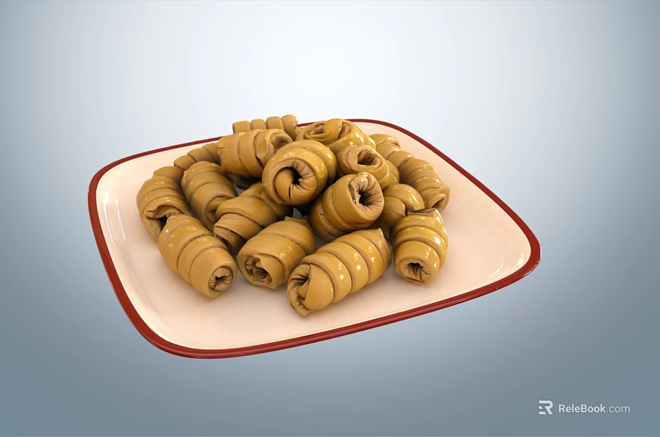 Plateful of Fresh Stuffed Vegetable Rolls on White Plate with Red Rim 3d model 