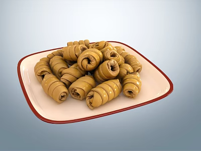 Plateful of Fresh Stuffed Vegetable Rolls on White Plate with Red Rim 3d model