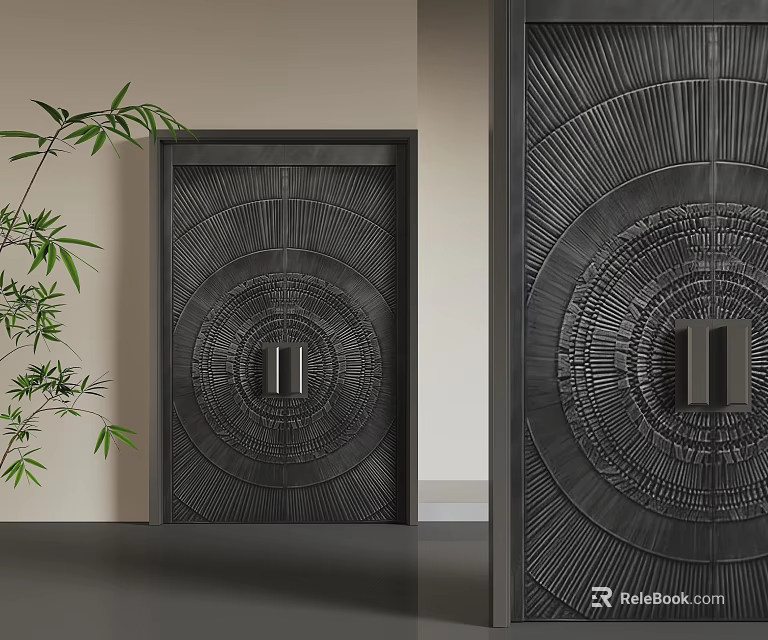 Black Intricate Circular Pattern Security Door With Bamboo Plant And Light Wall Background 3d model 