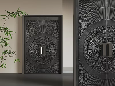 Black Intricate Circular Pattern Security Door With Bamboo Plant And Light Wall Background 3d model