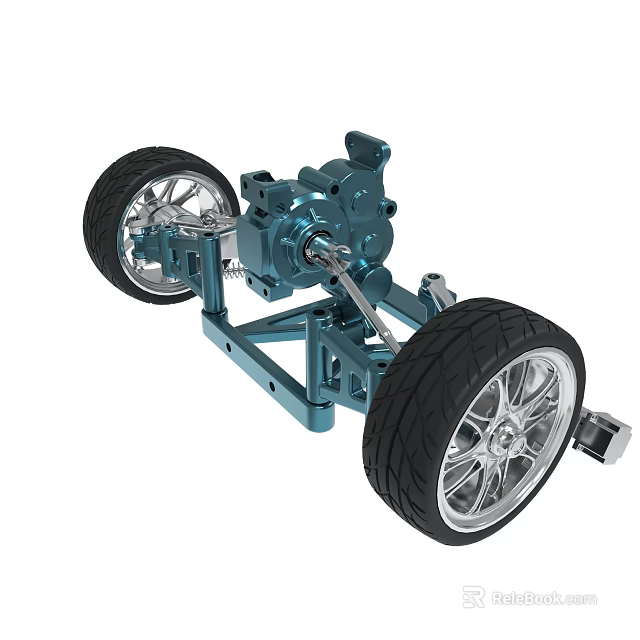 Car Chassis 3D Model With Blue Metal Structure Black Tires And Silver Rims 3d model 
