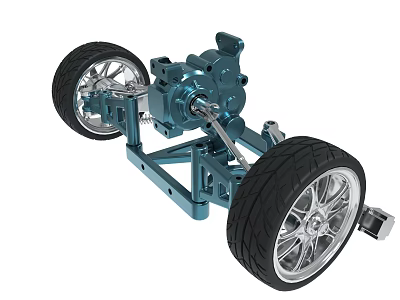 Car Chassis 3D Model With Blue Metal Structure Black Tires And Silver Rims 3d model