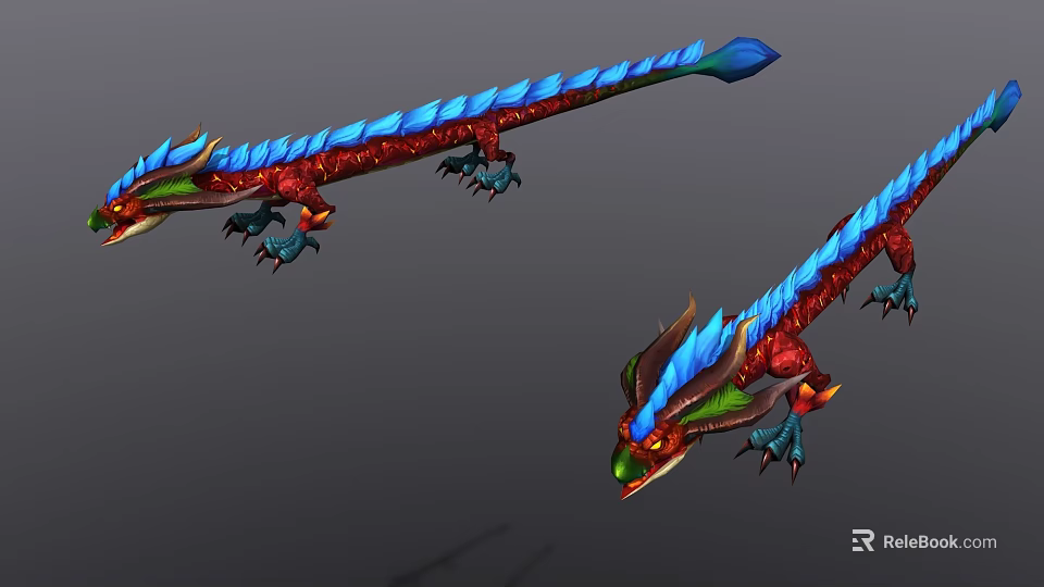 Game and Movie Character Colorful Dragon With Blue Red Scales Long Tail Sharp Claws 3d model 