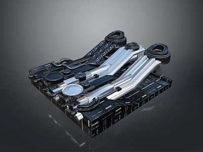 Various Black And Silver Wrenches Stacked Together On Dark Surface 3d model