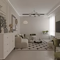 Modern Living and Dining Room Interior with TV Cabinet Dining Table and Pendant Lights