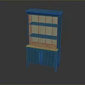 Blue Cabinet With Open Shelves And Lower Doors On Wooden Top Display Unit