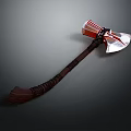 Decorative Axe With Handcrafted Wooden Handle And Striped Metal Head On Dark Background