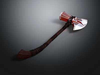 Decorative Axe With Handcrafted Wooden Handle And Striped Metal Head On Dark Background 3d model