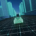 Modern Futuristic Urban Buildings With Transparent Car On Grid Ground Blue Tone