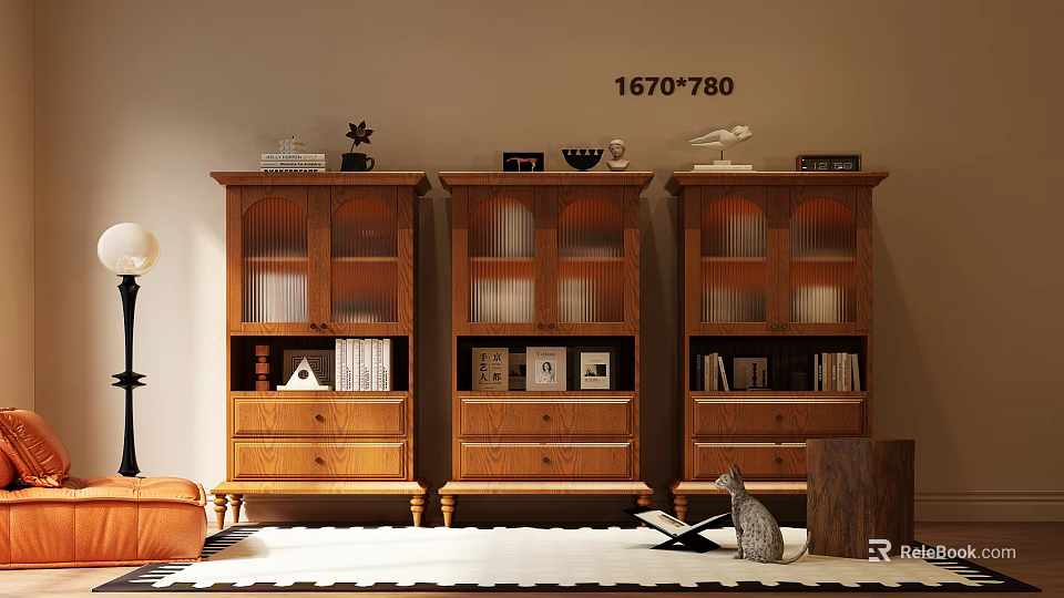 Classic Wooden Bookcases with Glass Doors Drawers Books and Ornaments 3d model 
