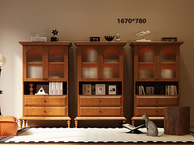 Classic Wooden Bookcases with Glass Doors Drawers Books and Ornaments 3d model