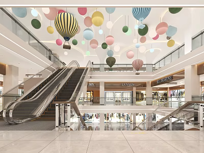 Spacious Shopping Mall Lobby With Colorful Hot Air Balloon Ceiling Decorations And Escalators 3d model