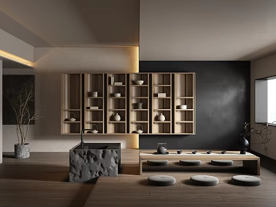 Modern Tea Room Interior Design With Wooden Shelves Stone Table And Floor Cushions 3d model