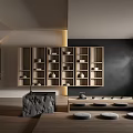 Modern Tea Room Interior Design With Wooden Shelves Stone Table And Floor Cushions