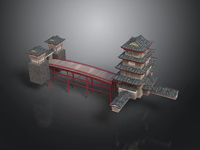 Traditional Chinese Architectural Structure With Pagoda Tower Arch Bridge And Stone Walls 3d model
