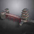 Traditional Chinese Architectural Structure With Pagoda Tower Arch Bridge And Stone Walls