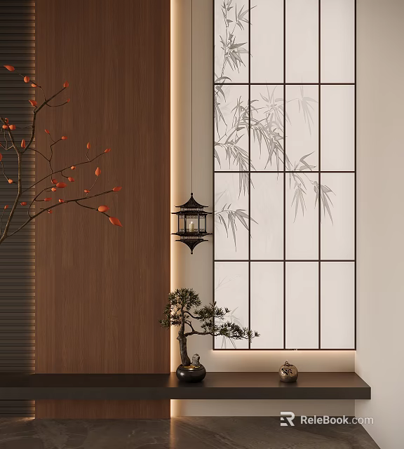 Japanese Style Entryway Hallway With Bamboo Patterned Lattice Window Hanging Lantern And Small Bonsai Plant 3d model 