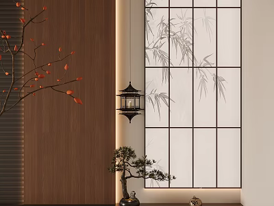 Japanese Style Entryway Hallway With Bamboo Patterned Lattice Window Hanging Lantern And Small Bonsai Plant 3d model