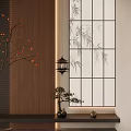 Japanese Style Entryway Hallway With Bamboo Patterned Lattice Window Hanging Lantern And Small Bonsai Plant