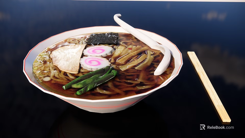 Traditional Ramen Bowl with Nori Fish Cake Green Vegetables White Red Rim Chopsticks and Spoon 3d model 